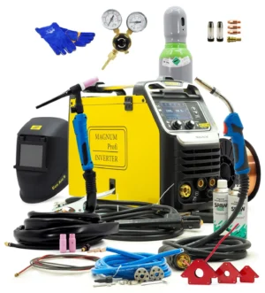 Schweißgerät Set MAGNUM MIG 221 DUAL PULS SYNERGIE 4x4 MMA 200A 230V Schweißinverter inkl. Gasflasche & Brenner