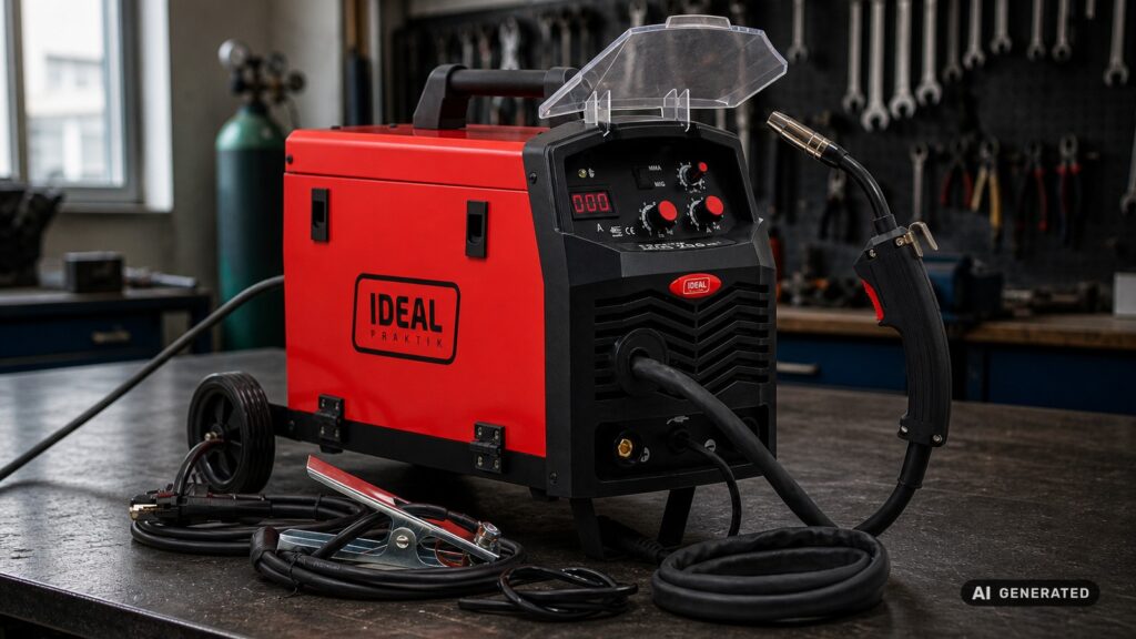 Halbautomatischer Inverter PRAKTIK MIG 200 IGBT auf der Werkbank