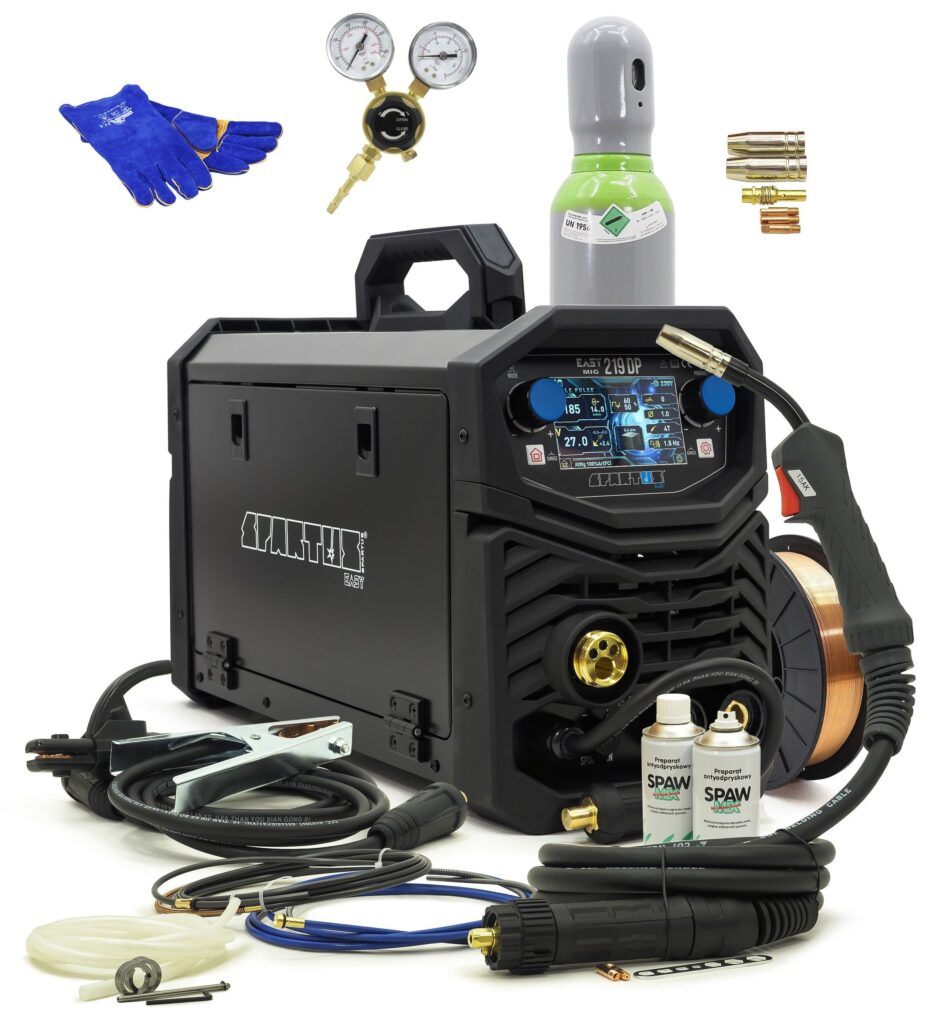 Set Schweißgerät SPARTUS EasyMIG 219 DUAL PULSE 4-Rollen 230V 200A Gasflasche Druckminderer