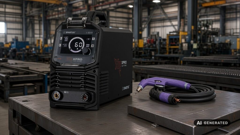 SPARTUS XPro CUT 70CNC mit rundem Display und violettem Plasmabrenner auf einem Stahltisch in einer Fertigungshalle